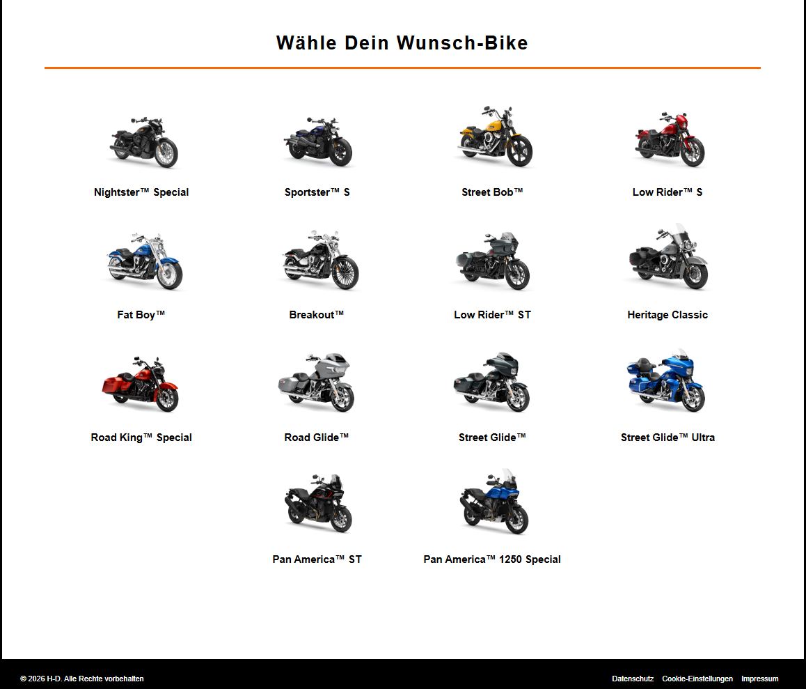 fahrzeugauswahl Harley Davidson Verschiedene Harley-Davidson Motorräder